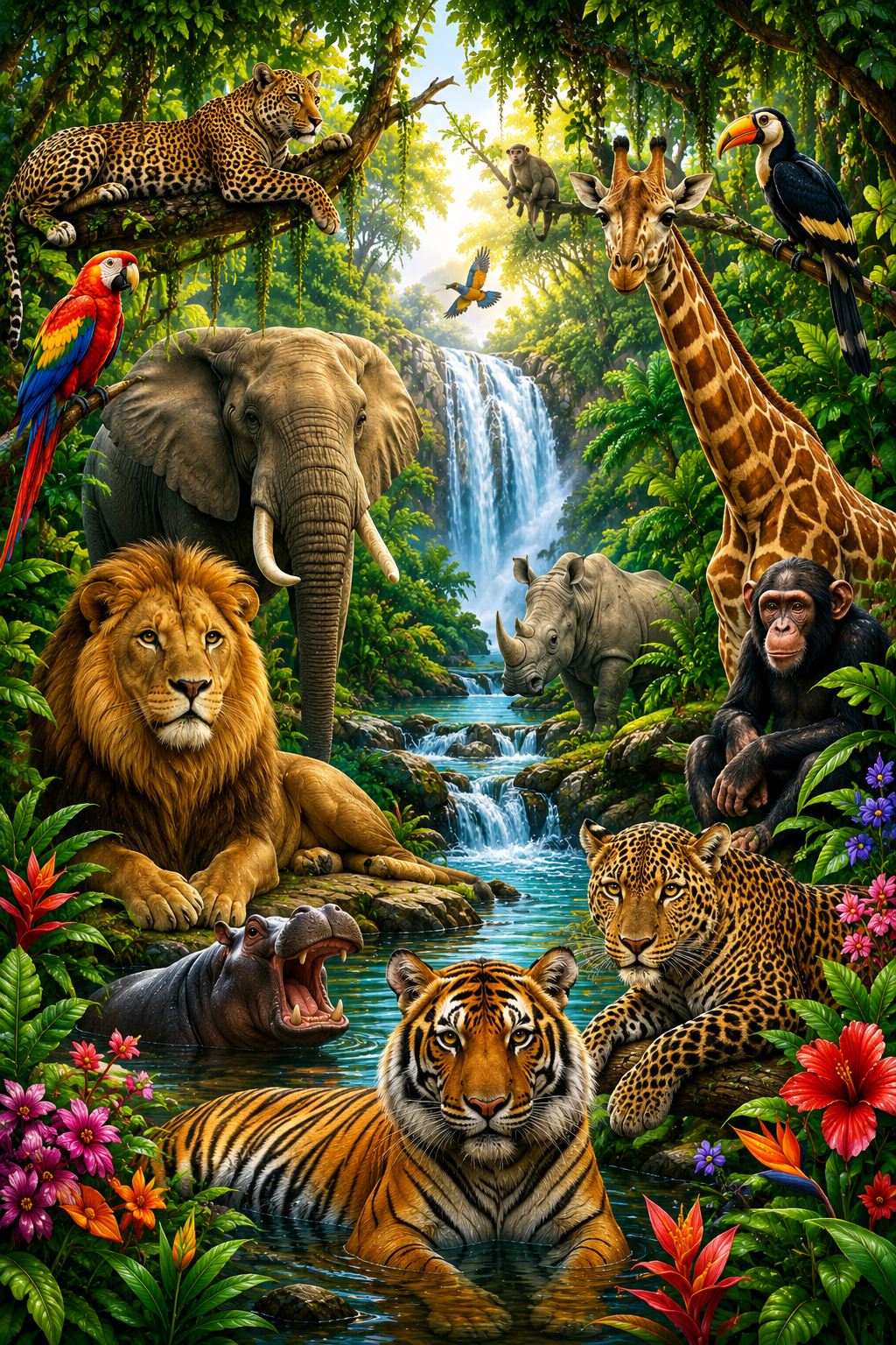 Jungle Waterfall Wildlife Colouring Page Preview