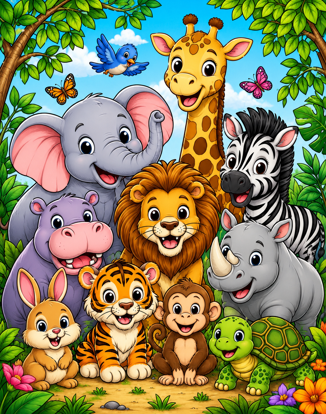 Jungle Animal Friends Colouring Page Preview