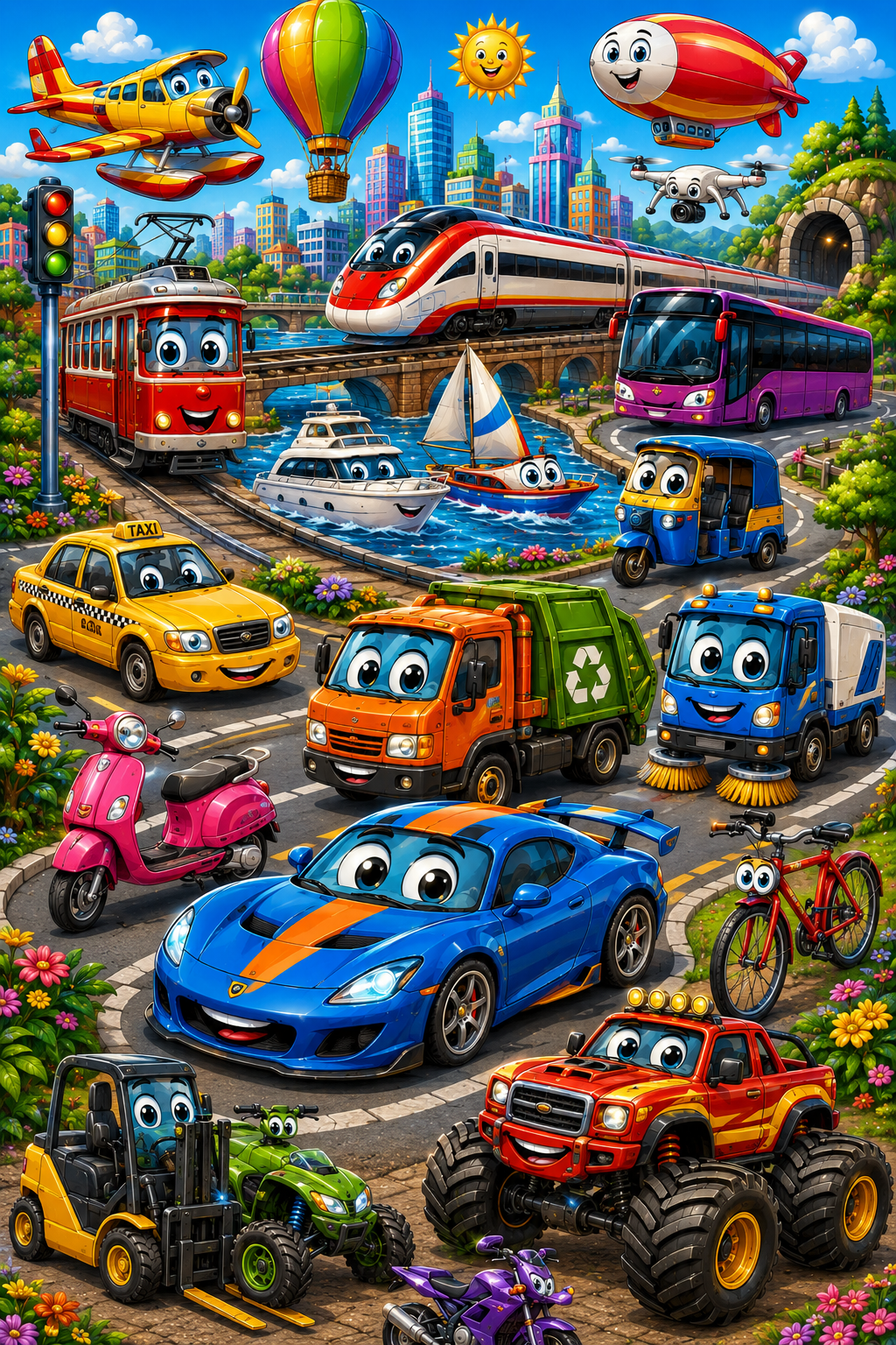 Amazing Vehicle City Adventure Colouring Page Preview