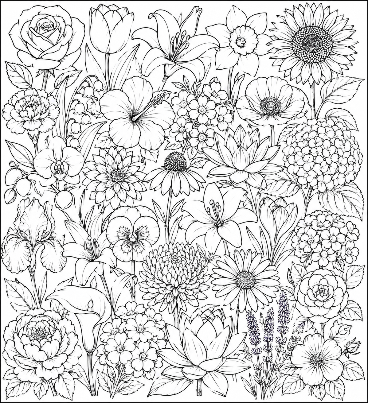 Printable Beautiful Flowers colouring page for kids