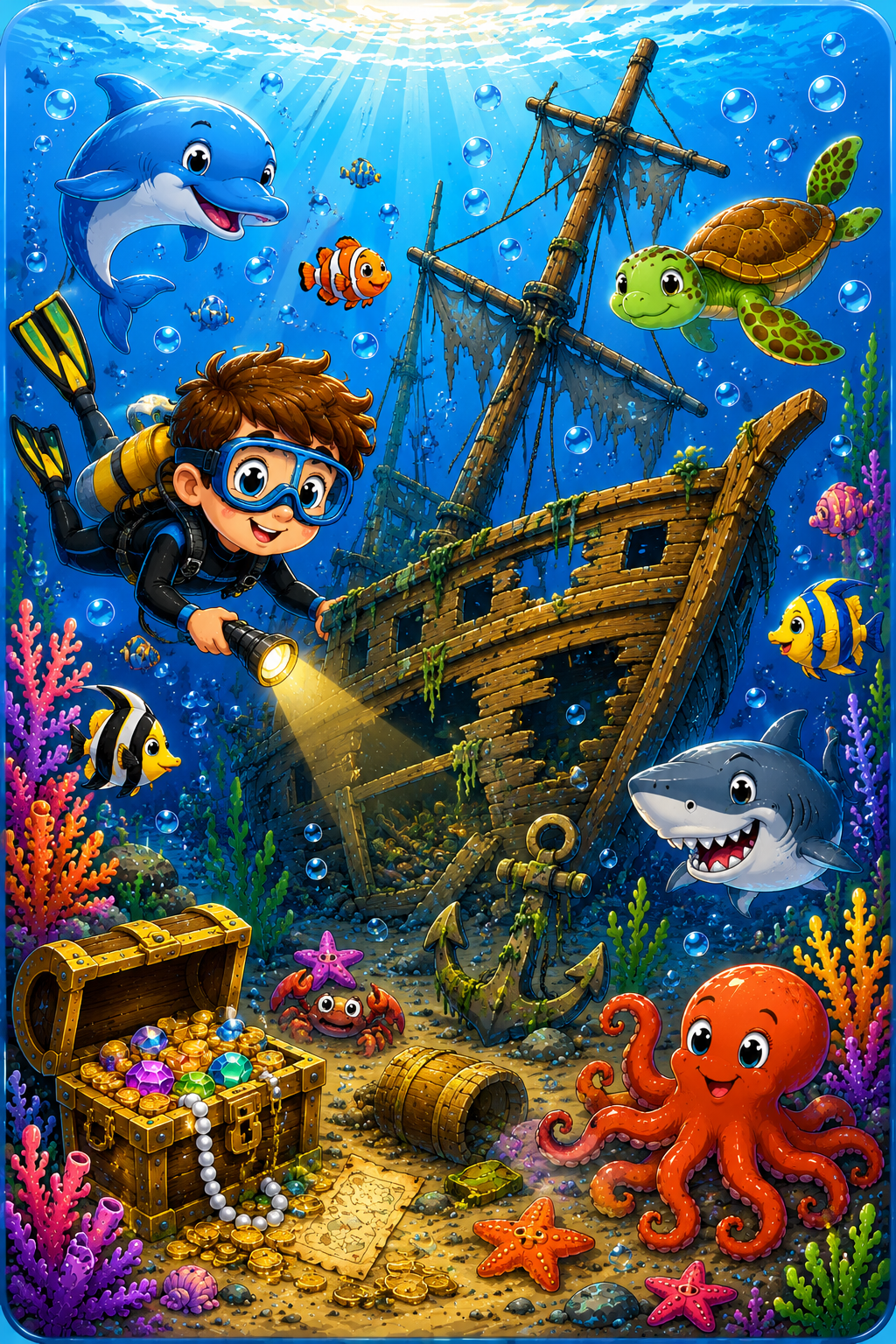 Deep Sea Treasure Diver Adventure Colouring Page Preview