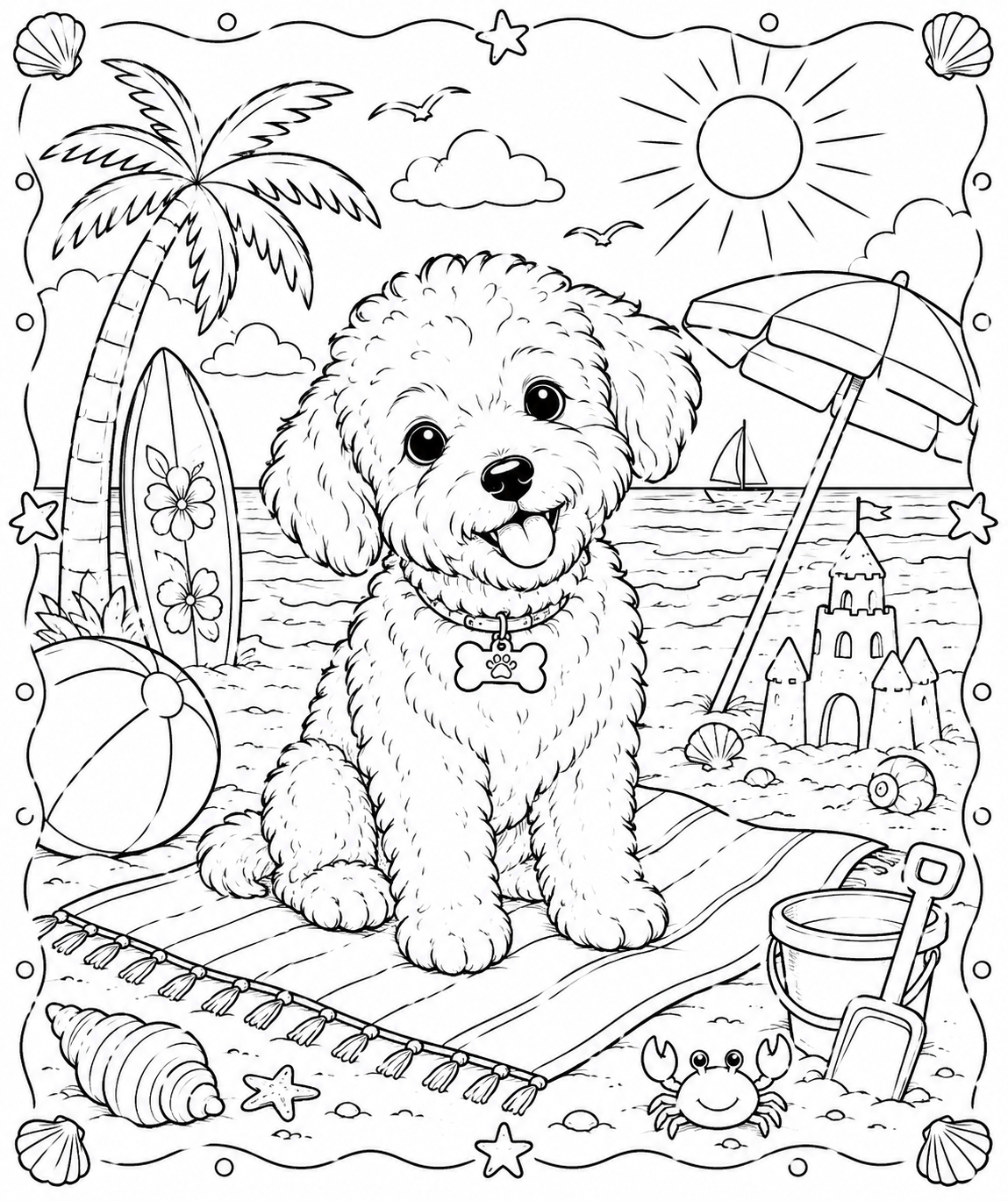 Printable Fluffy Beach Puppy Adventure colouring page for kids