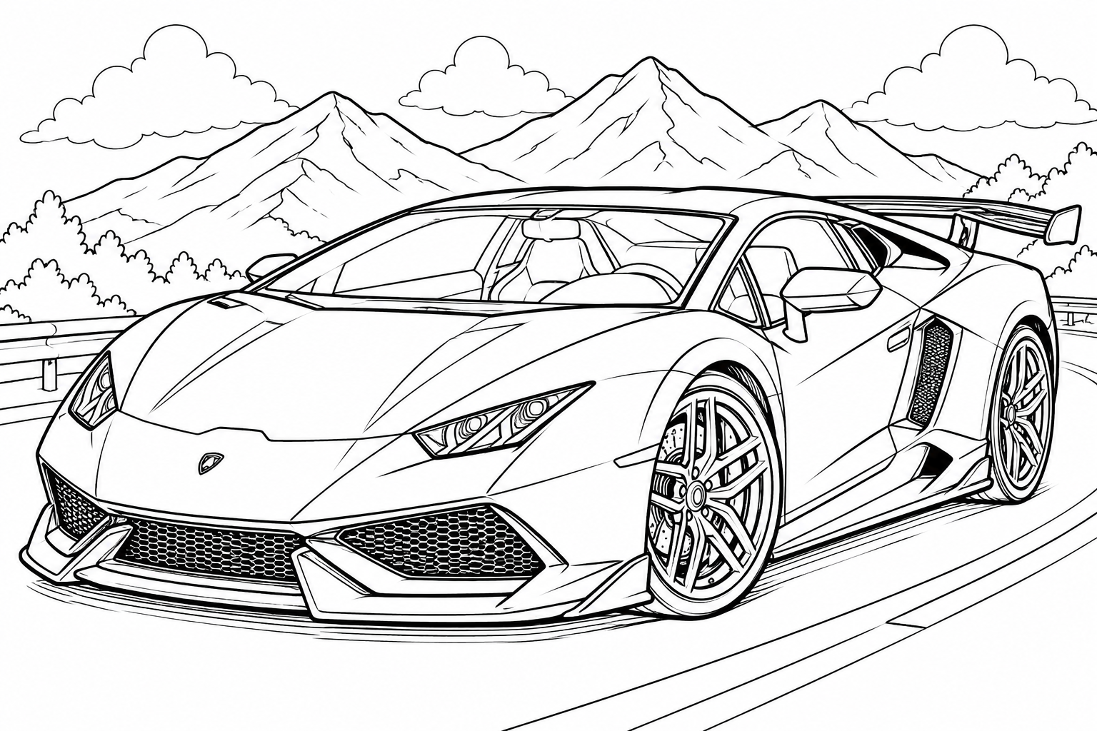 Printable Mountain Road Supercar colouring page for kids