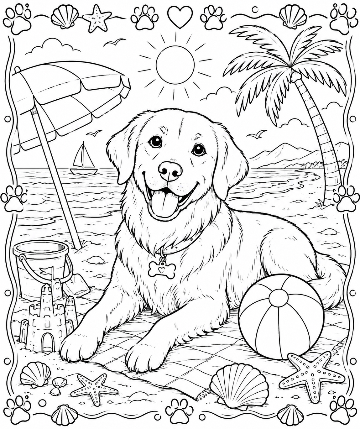 Printable Sunny Beach Dog Adventure colouring page for kids