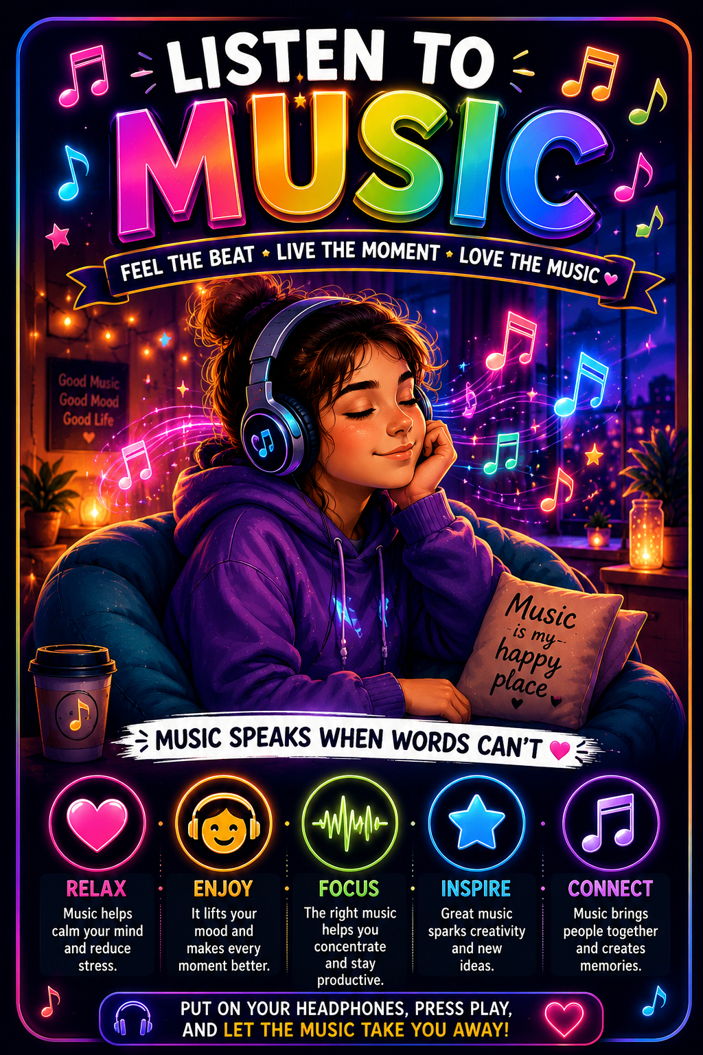 Music Speaks - Listen, Relax and Enjoy Colouring Page