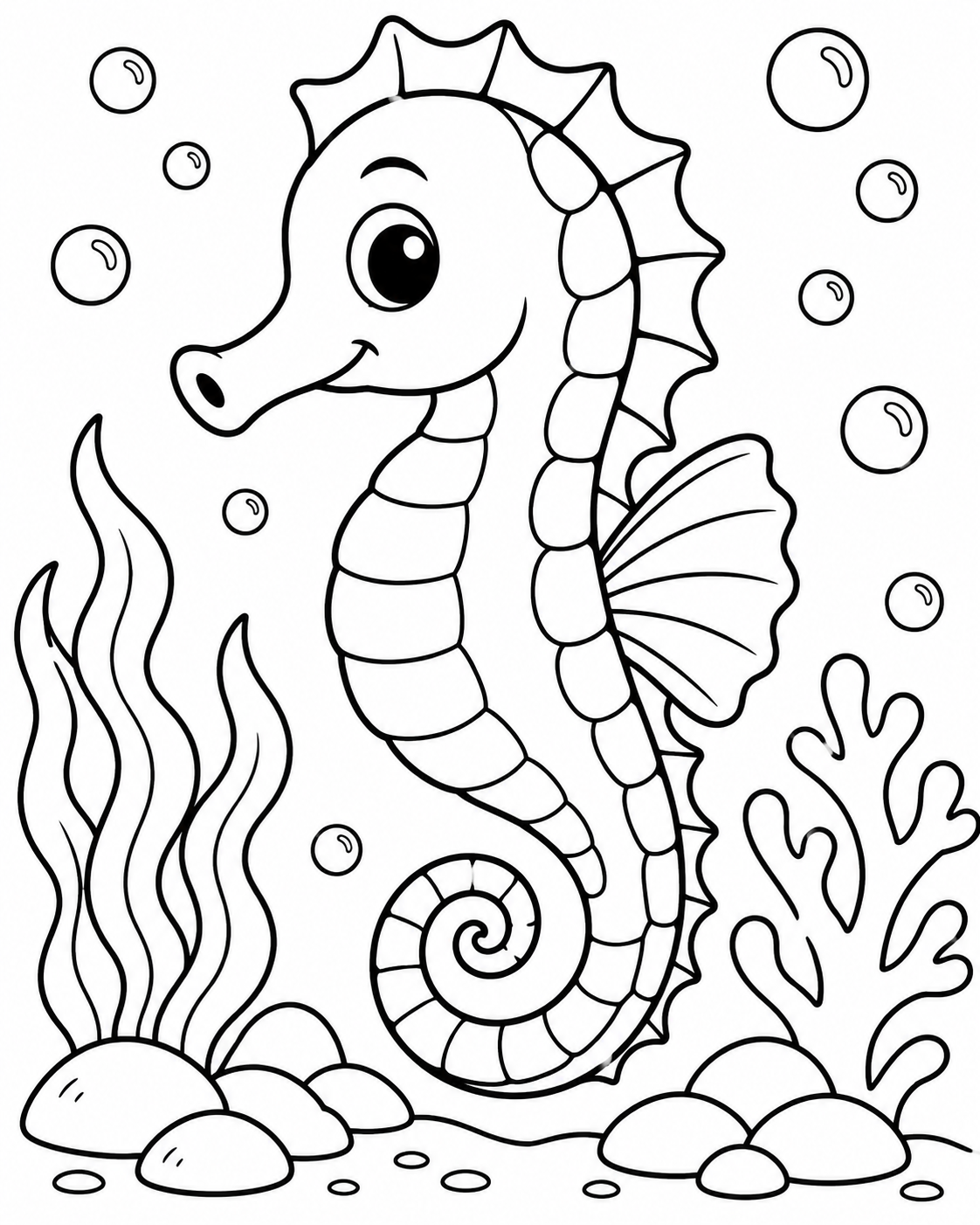 Printable Cute Little Seahorse Adventure colouring page for kids