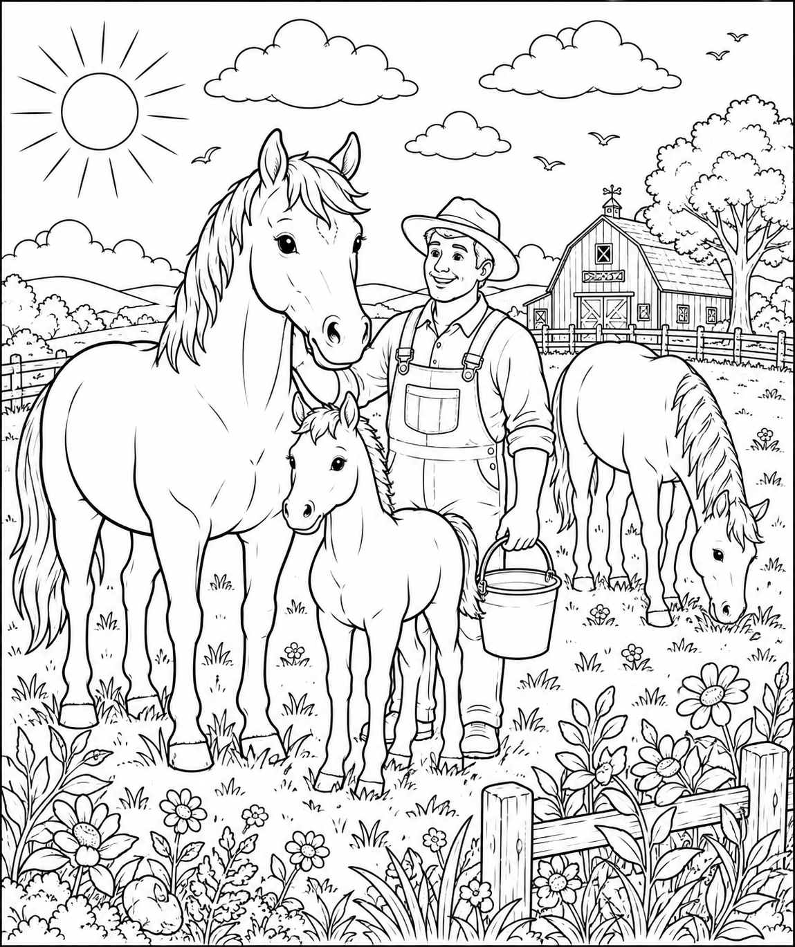 Printable Friendly Farmer and Horses in the Meadow colouring page for kids