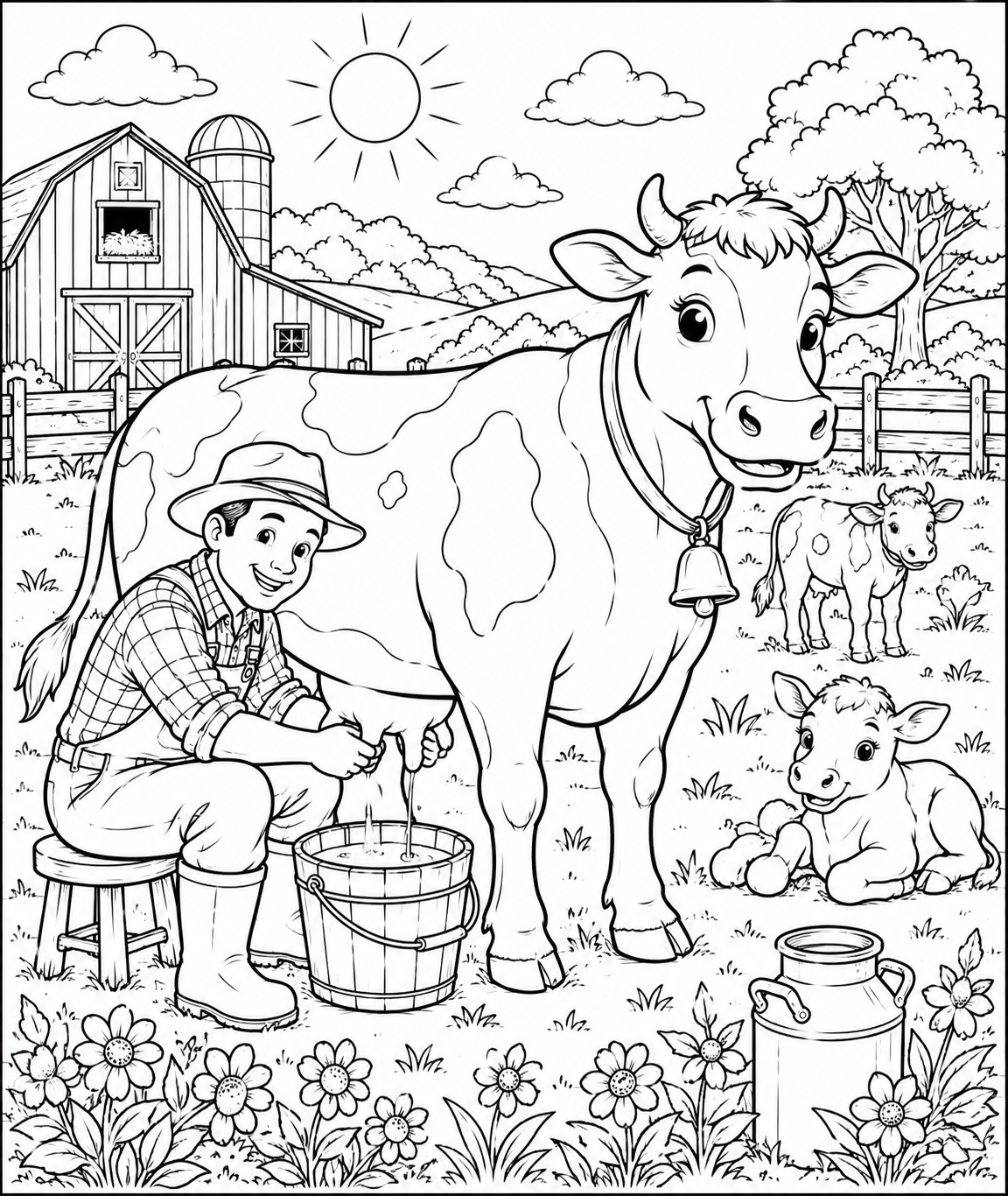 Printable Happy Farmer Milking the Cows colouring page for kids