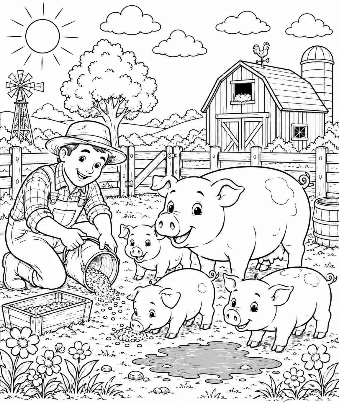 Printable Happy Pig Family on the Farm colouring page for kids