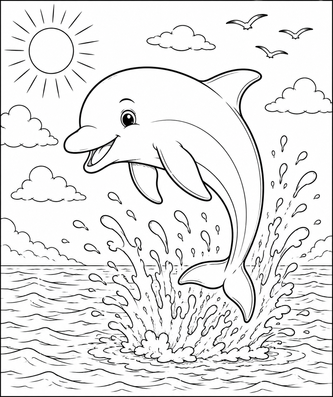 Printable Joyful Dolphin Ocean Leap colouring page for kids
