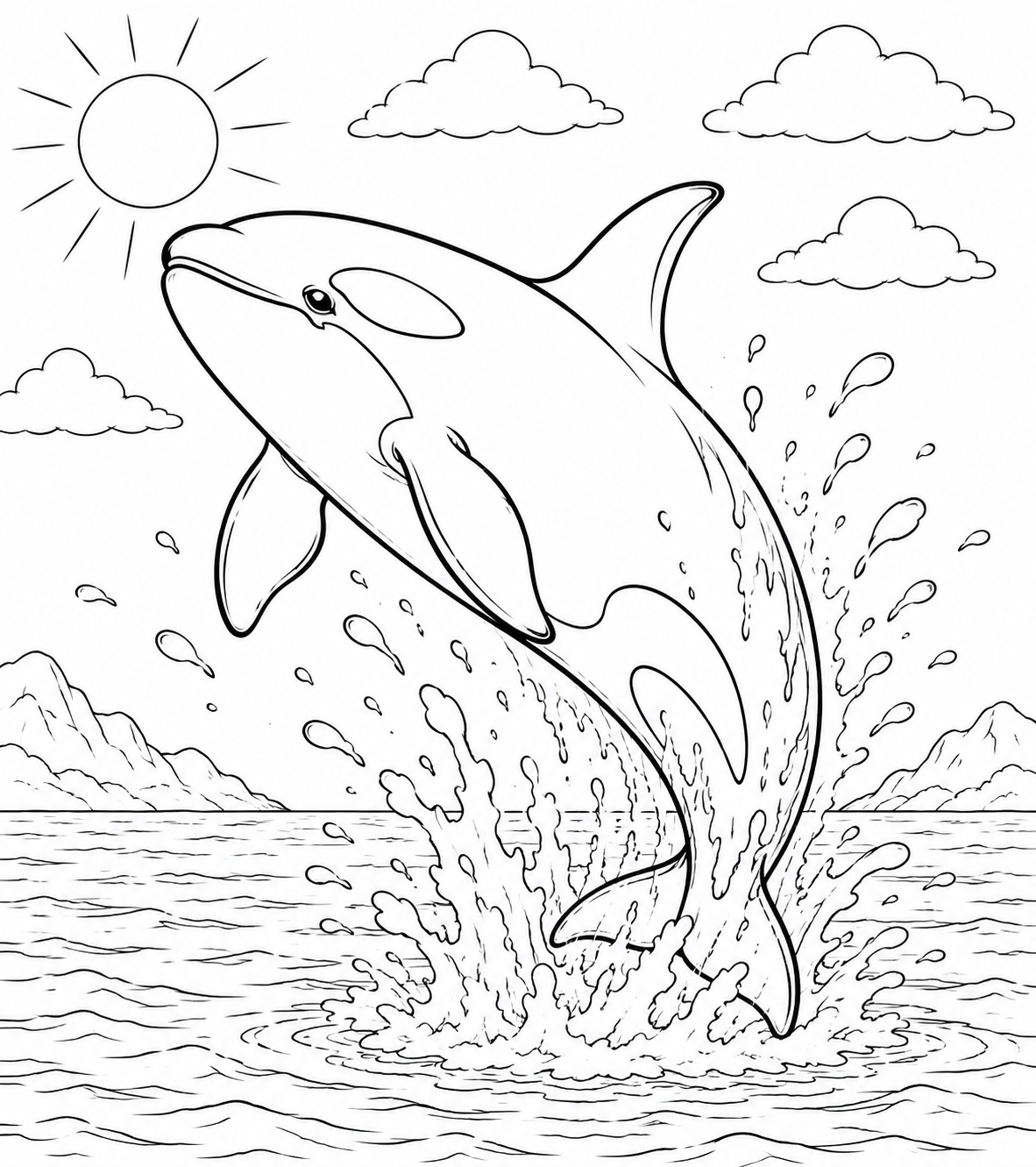 Printable Majestic Killer Whale Leap colouring page for kids